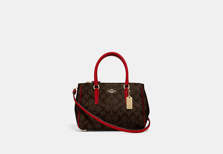 COACH®,MINI SURREY CARRYALL IN SIGNATURE CANVAS,pvc,Medium,Gold/Brown True Red,Front View