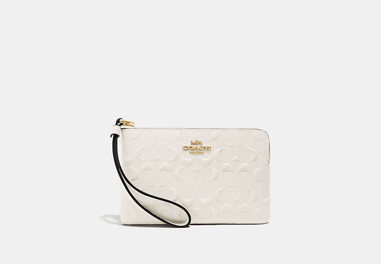 COACH®,CORNER ZIP WRISTLET IN SIGNATURE LEATHER,Leather,Mini,Gold/Chalk,Front View
