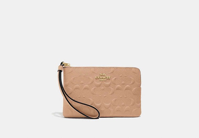 COACH®,CORNER ZIP WRISTLET IN SIGNATURE LEATHER,Leather,Mini,Gold/BEECHWOOD,Front View
