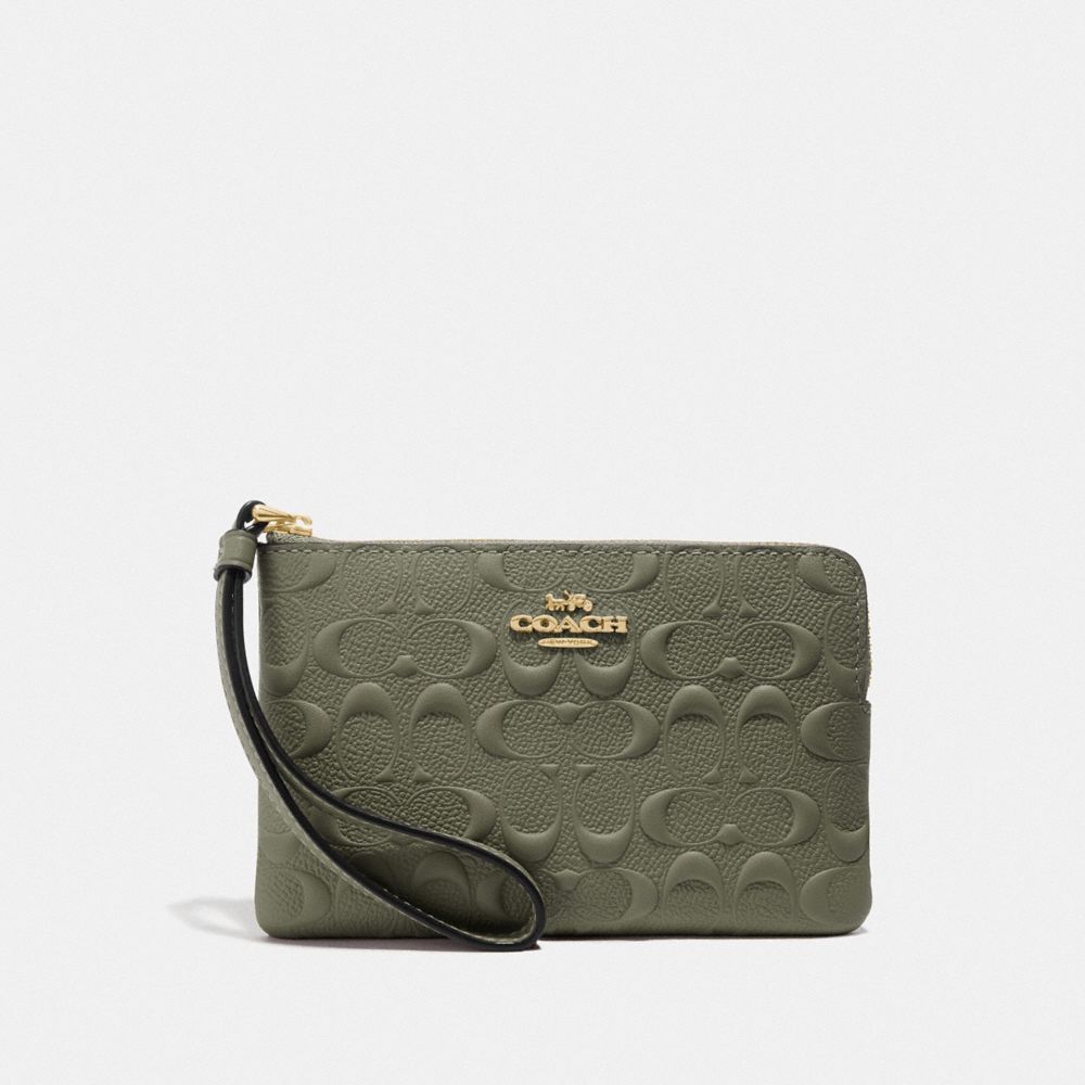 COACH®,CORNER ZIP WRISTLET IN SIGNATURE LEATHER,Leather,Mini,Gold/Military Green,Front View