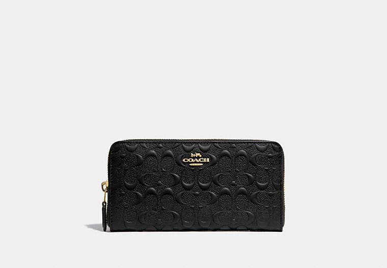 COACH®,ACCORDION ZIP WALLET IN SIGNATURE LEATHER,Leather,Gold/Black,Front View