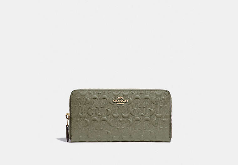 COACH®,ACCORDION ZIP WALLET IN SIGNATURE LEATHER,Leather,Gold/Military Green,Front View