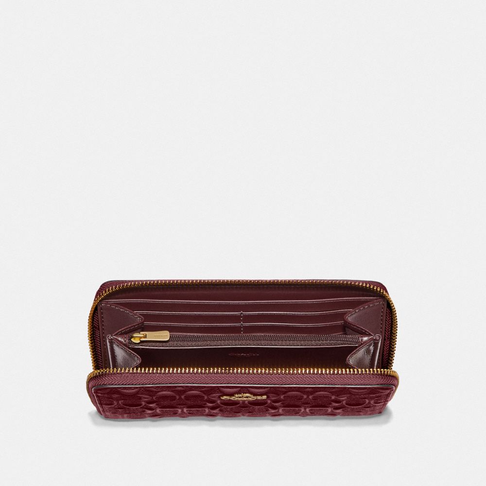 COACH®,ACCORDION ZIP WALLET IN SIGNATURE LEATHER,Leather,Gold/Wine,Inside View,Top View