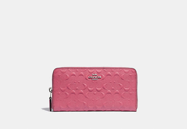 COACH®,ACCORDION ZIP WALLET IN SIGNATURE LEATHER,Leather,Silver/STRAWBERRY,Front View