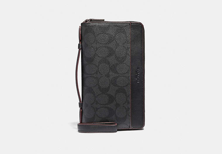 COACH®,DOUBLE ZIP TRAVEL ORGANIZER IN SIGNATURE CANVAS,Leather,Mini,Black/Black/Oxblood,Front View image number 0