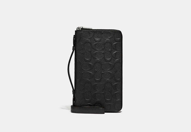 COACH®,DOUBLE ZIP TRAVEL ORGANIZER IN SIGNATURE LEATHER,Leather,Small,Gunmetal/Black,Front View