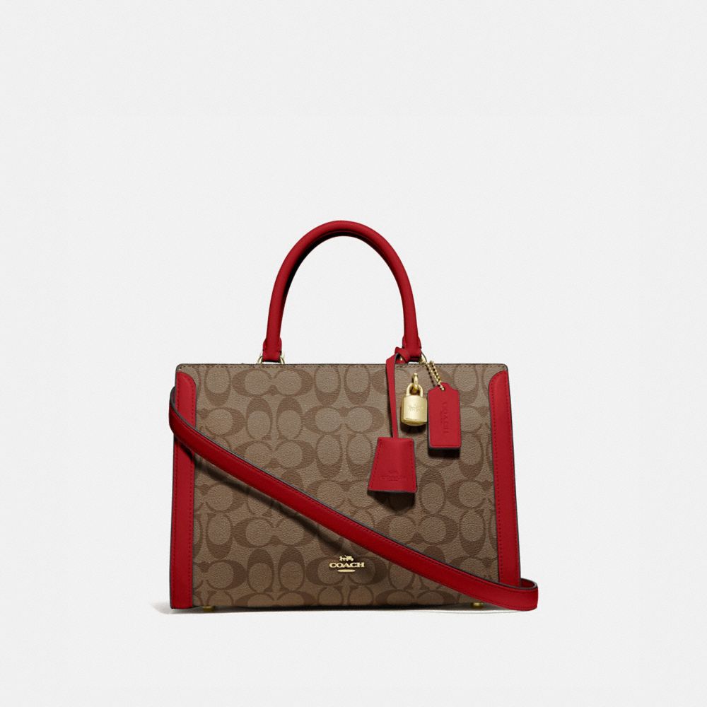 COACH®,ZOE CARRYALL IN SIGNATURE CANVAS,pvc,Gold/KHAKI/TRUE RED,Front View