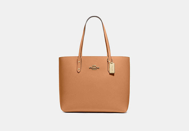 COACH®,TOWN TOTE,Leather,Large,Gold/LIGHT SADDLE,Front View