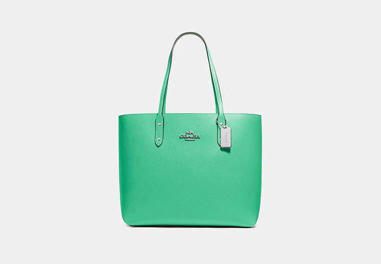 COACH®,TOWN TOTE,Leather,Large,Silver/Green,Front View