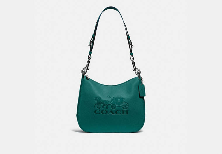 COACH®,JES HOBO,Leather,Large,Gunmetal/Viridian,Front View