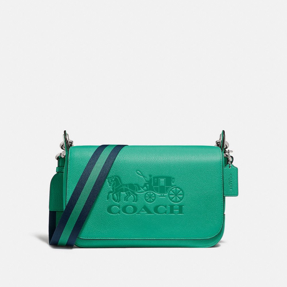 COACH®,JES MESSENGER,Leather,Small,Silver/Green,Front View