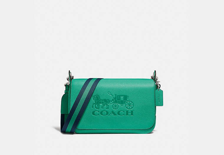 COACH®,JES MESSENGER,Leather,Small,Silver/Green,Front View