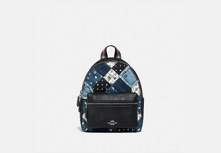 COACH®,MINI CHARLIE BACKPACK WITH AMERICANA PATCHWORK,cotton,Medium,Silver/Denim Multi,Front View