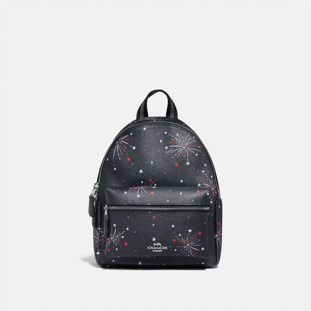 COACH®,MINI CHARLIE BACKPACK WITH FIREWORKS PRINT,pvc,Medium,Silver/NAVY MULTI,Front View
