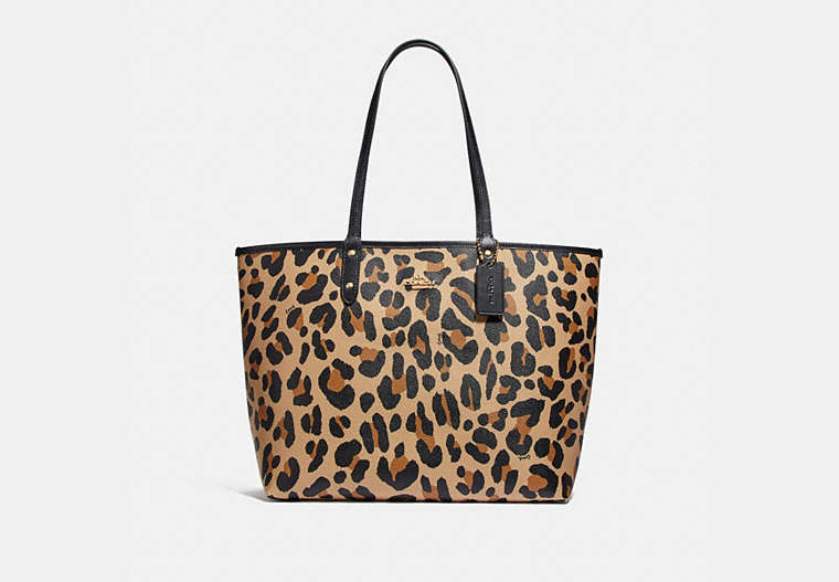 COACH®,REVERSIBLE CITY TOTE WITH ANIMAL PRINT,pvc,Large,Gold/Natural Multi Black,Front View