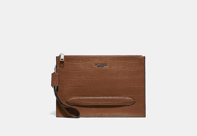 COACH®,STRUCTURED POUCH,pvc,Gunmetal/Saddle,Front View