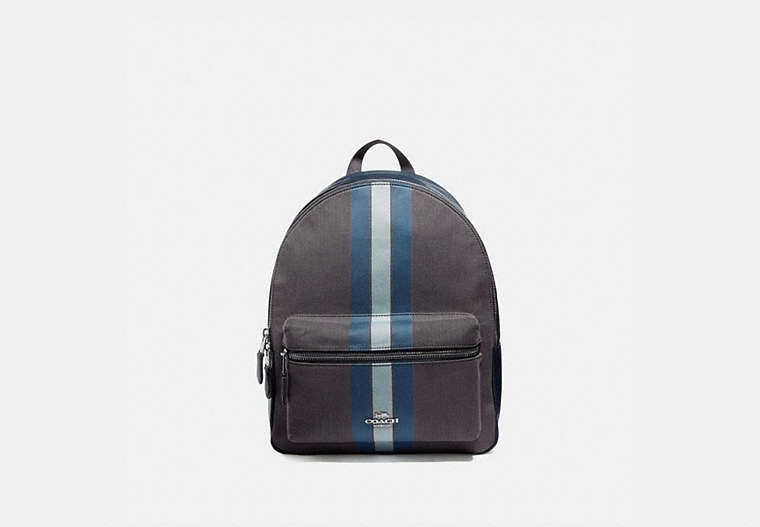 COACH®,MEDIUM CHARLIE BACKPACK IN SIGNATURE JACQUARD WITH VARSITY STRIPE,cotton,Large,Silver/Midnight Blue,Front View