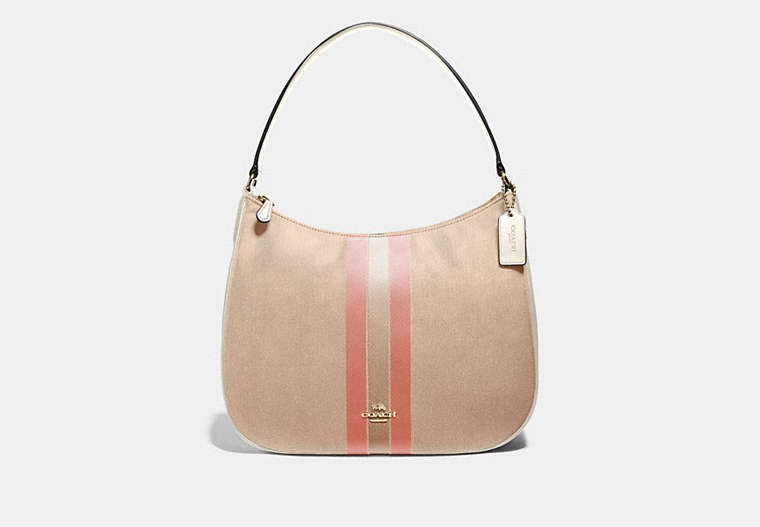 COACH®,ZIP SHOULDER BAG IN SIGNATURE JACQUARD WITH VARSITY STRIPE,Coated Canvas,Small,Gold/Light Khaki/Light Coral,Front View