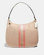 COACH®,ZIP SHOULDER BAG IN SIGNATURE JACQUARD WITH VARSITY STRIPE,Coated Canvas,Small,Gold/Light Khaki/Light Coral,Front View