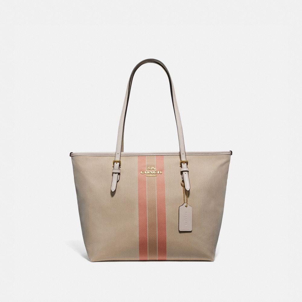 Zip Top Tote In Signature Jacquard With Varsity Stripe