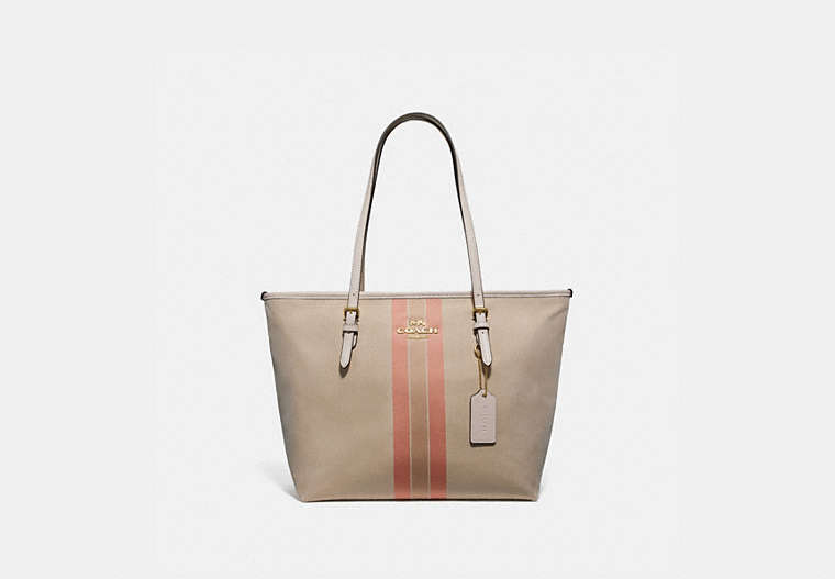 Zip Top Tote In Signature Jacquard With Varsity Stripe