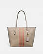 COACH®,ZIP TOP TOTE IN SIGNATURE JACQUARD WITH VARSITY STRIPE,Coated Canvas,Small,Gold/Light Khaki/Light Coral,Front View