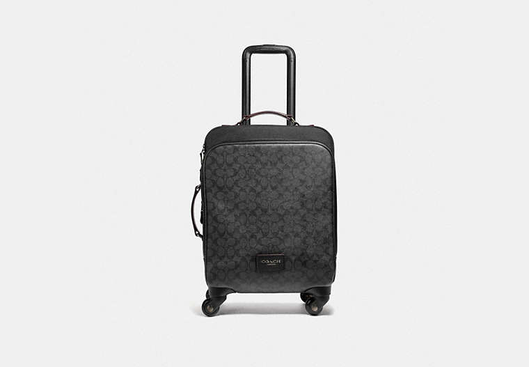 COACH®,WHEELED CARRY ON IN SIGNATURE CANVAS,Leather,X-Large,Black Copper Finish/Black/Black/Oxblood,Front View