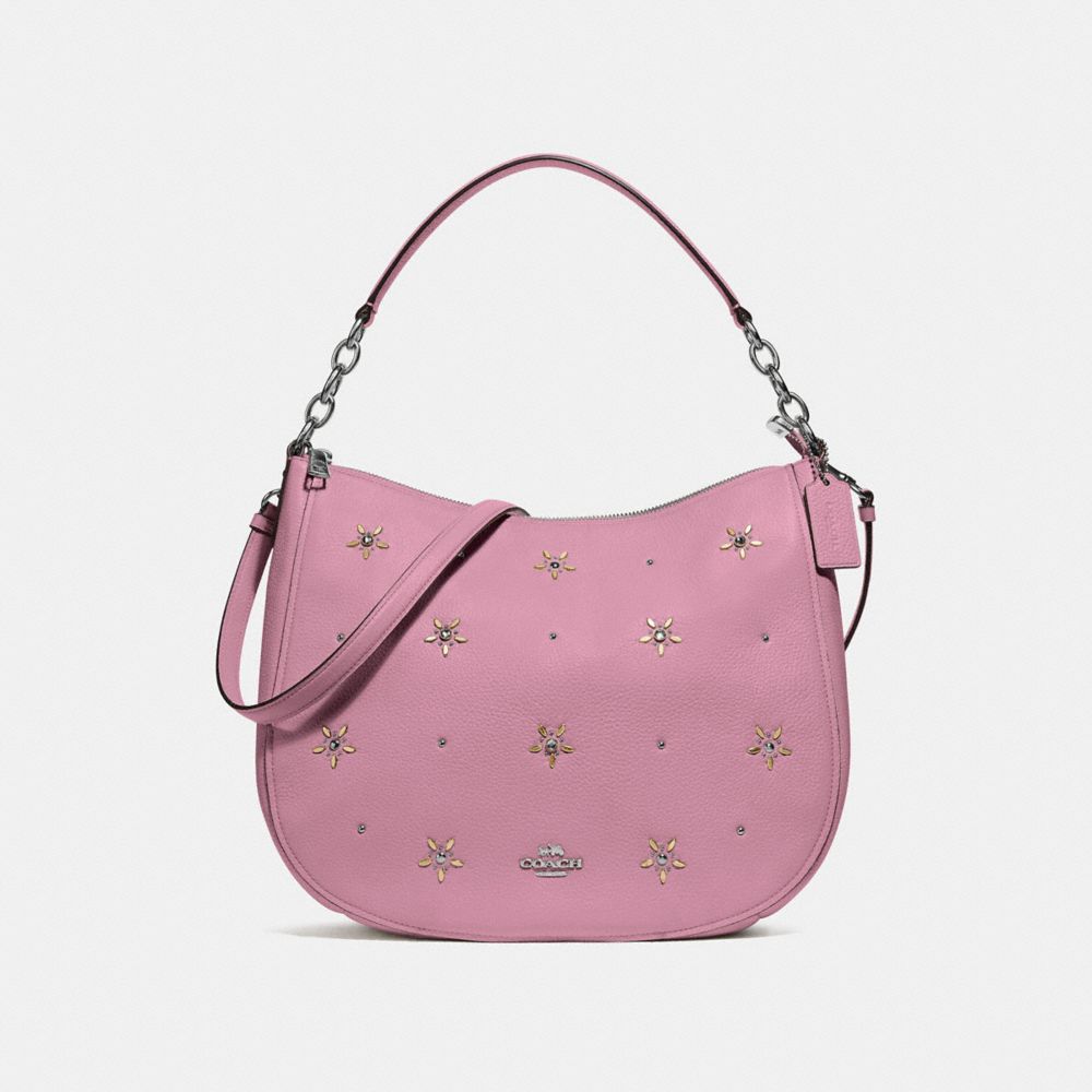 COACH®,ELLE HOBO WITH ALLOVER STUDS,Leather,Large,Silver/TULIP,Front View