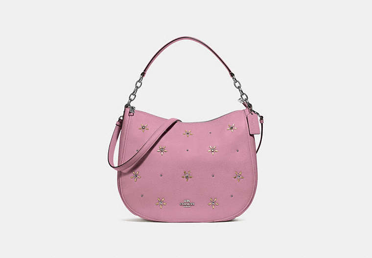 COACH®,ELLE HOBO WITH ALLOVER STUDS,Leather,Large,Silver/TULIP,Front View