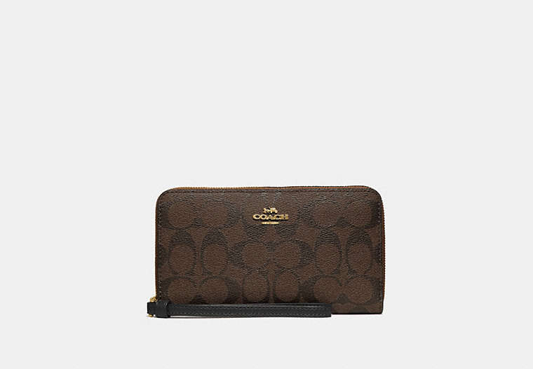 COACH®,LARGE PHONE WALLET IN SIGNATURE CANVAS,Gold/Brown Black,Front View