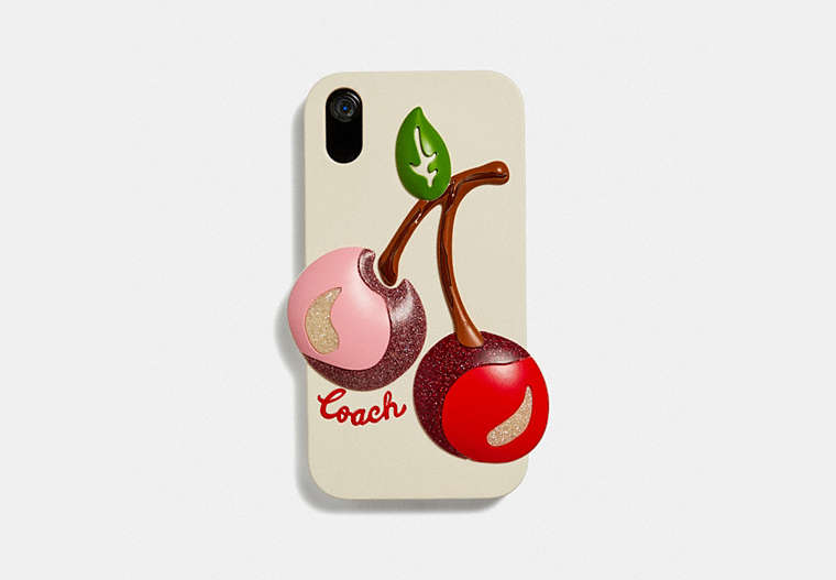 COACH®,IPHONE XR CASE WITH OVERSIZED CHERRY,silicon,Chalk Multi,Front View