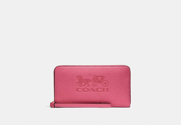COACH®,JES LARGE PHONE WALLET WITH HORSE AND CARRIAGE,Leather,Mini,Gold/Pink Ruby,Front View