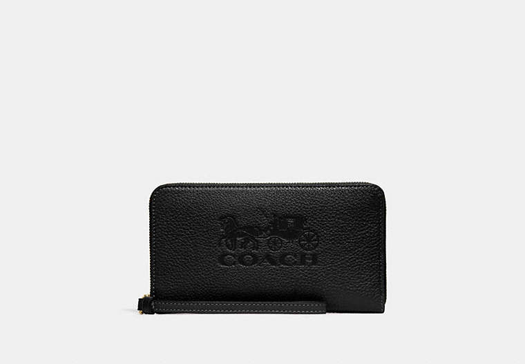 COACH®,JES LARGE PHONE WALLET WITH HORSE AND CARRIAGE,Leather,Mini,Gold/Black,Front View