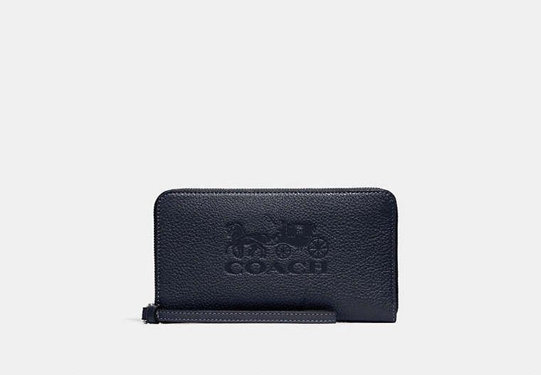 COACH®,JES LARGE PHONE WALLET WITH HORSE AND CARRIAGE,Leather,Mini,Silver/Midnight,Front View