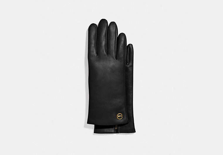 COACH®,HORSE AND CARRIAGE PLAQUE LEATHER TECH GLOVES,Leather,Black,Front View
