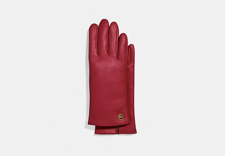 COACH®,HORSE AND CARRIAGE PLAQUE LEATHER TECH GLOVES,Leather,True Red,Front View