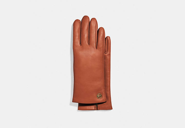 COACH®,HORSE AND CARRIAGE PLAQUE LEATHER TECH GLOVES,Leather,Sunset,Front View