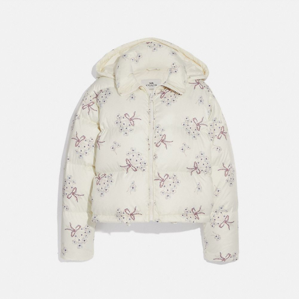 COACH®,FLORAL PRINT SHORT PUFFER,Cream Multi,Front View