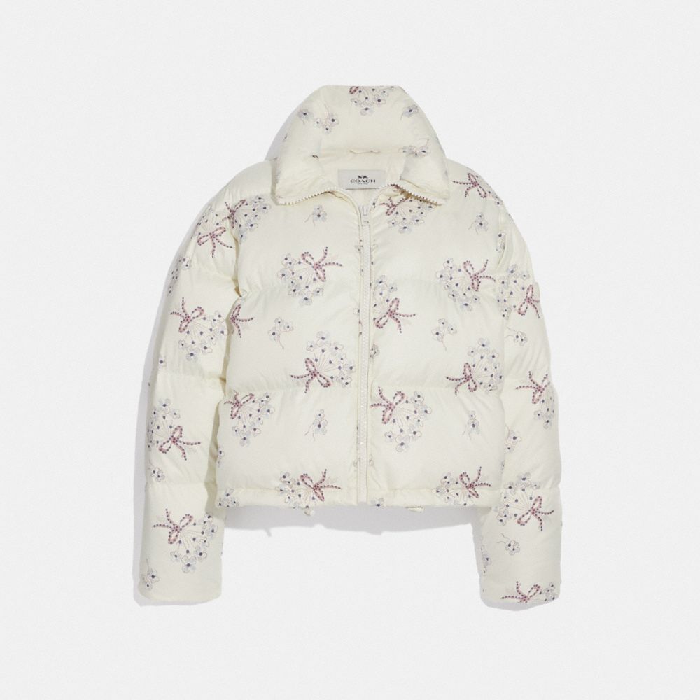 COACH®,FLORAL PRINT SHORT PUFFER,Cream Multi,Angle View