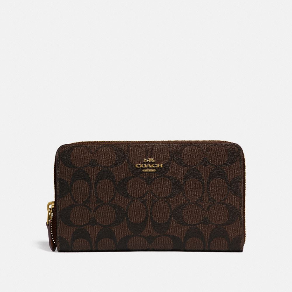 COACH®,CONTINENTAL ZIP AROUND WALLET IN SIGNATURE CANVAS,Gold/Brown Black,Front View