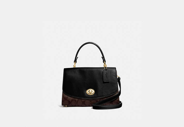 COACH®,TILLY TOP HANDLE SATCHEL WITH SIGNATURE CANVAS,pvc,Medium,Gold/Brown Black,Front View