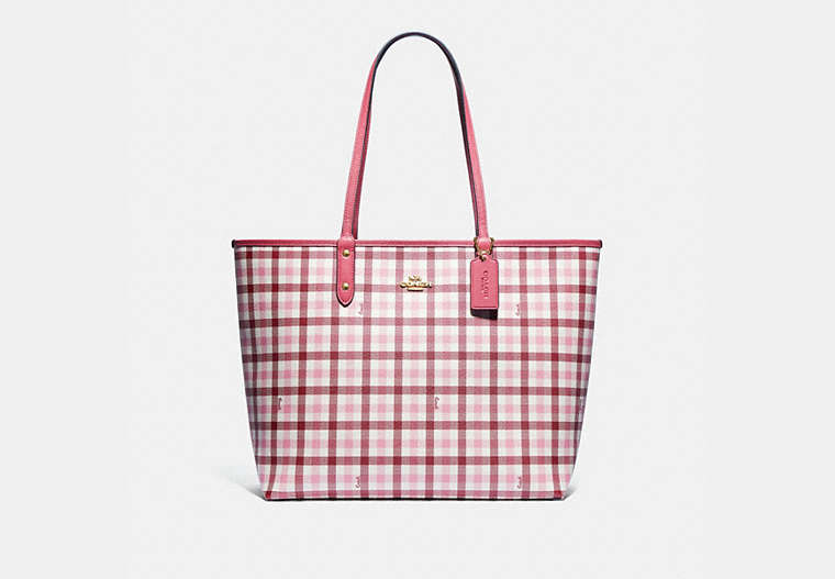 COACH®,REVERSIBLE CITY TOTE WITH GINGHAM PRINT,pvc,Large,Gold/Brown Pink Multi/Rouge,Front View