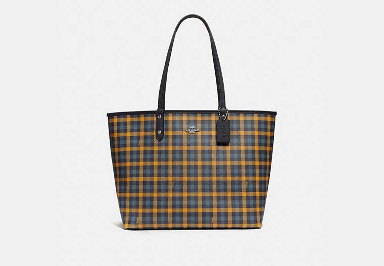 COACH®,REVERSIBLE CITY TOTE WITH GINGHAM PRINT,pvc,Large,Silver/Navy Yellow Multi/Midnight,Front View