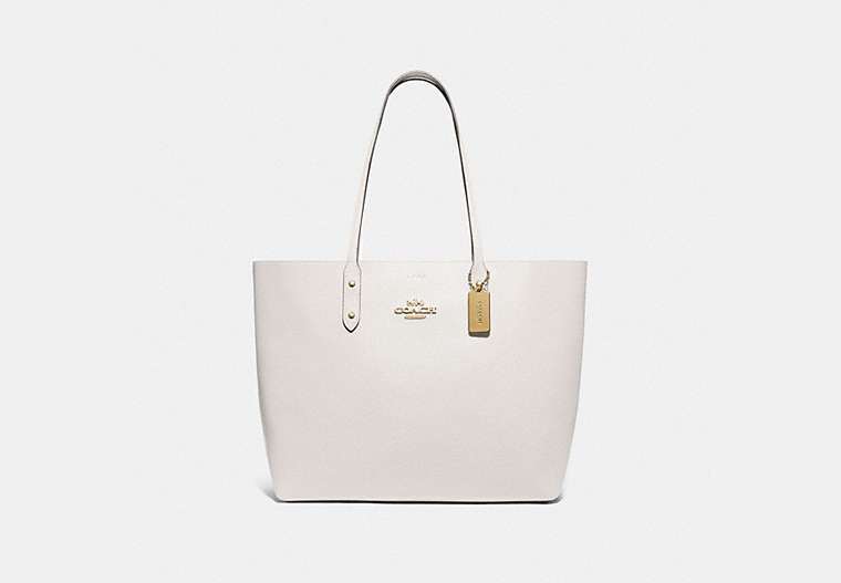 COACH®,TOWN TOTE WITH SIGNATURE CANVAS INTERIOR,pvc,Large,Gold/Chalk Khaki,Front View