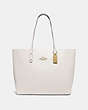COACH®,TOWN TOTE WITH SIGNATURE CANVAS INTERIOR,pvc,Large,Gold/Chalk Khaki,Front View