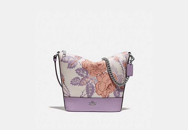 COACH®,SMALL PAXTON DUFFLE WITH THORN ROSES PRINT,Leather,Medium,Silver/Chalk Purple Multi,Front View
