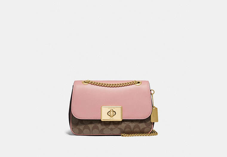 COACH®,CASSIDY CROSSBODY IN BLOCKED SIGNATURE CANVAS,pvc,Gold/Khaki Pink Petal,Front View