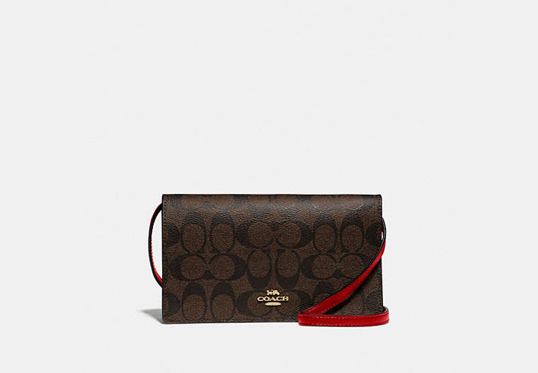 COACH®,FOLDOVER CROSSBODY CLUTCH IN SIGNATURE CANVAS,pvc,Gold/Brown True Red,Front View