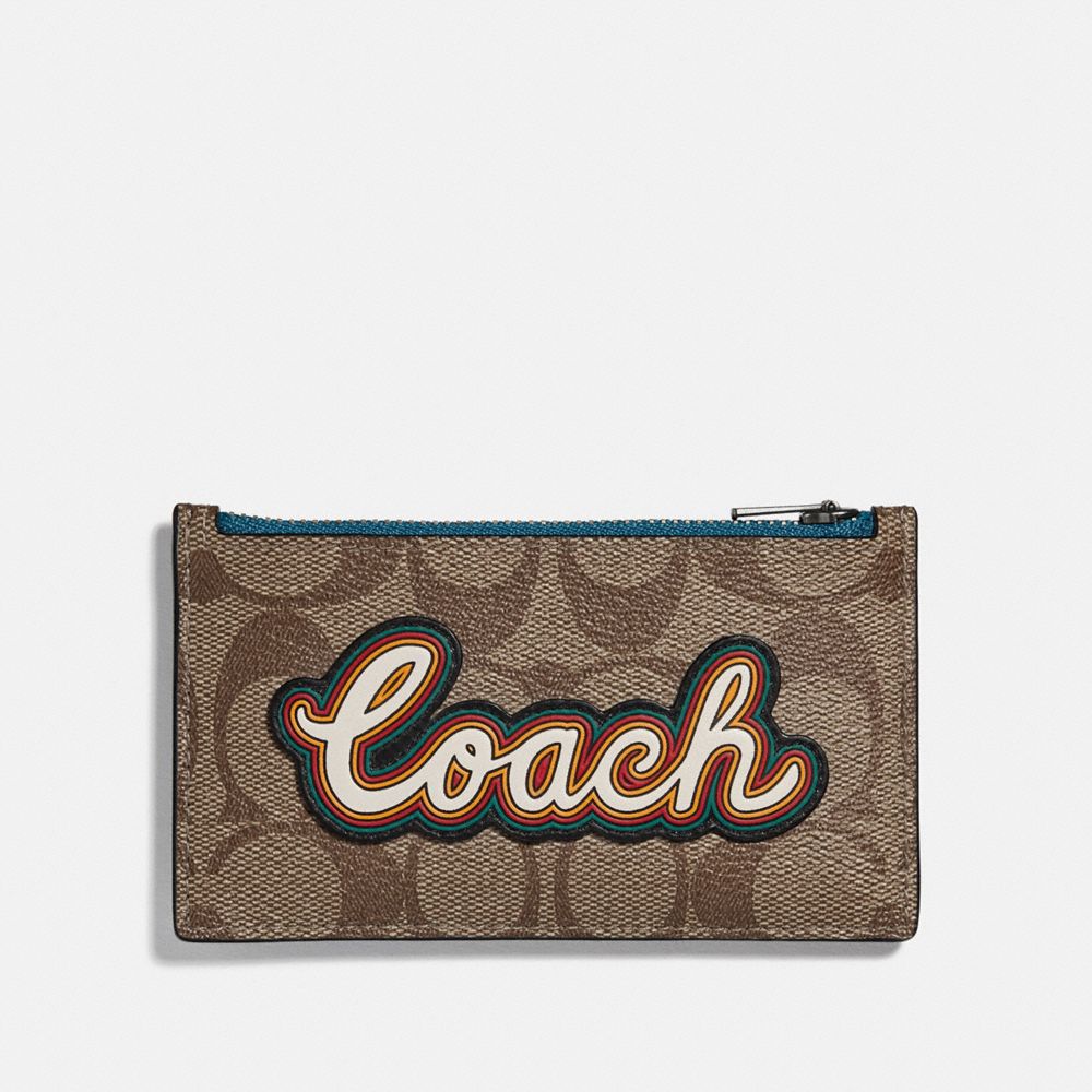 Zip Card Case In Signature Canvas With Coach Script