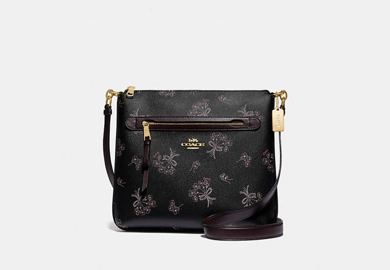 COACH®,MAE FILE CROSSBODY WITH RIBBON BOUQUET PRINT,pvc,Medium,Gold/Black Pink Multi,Front View